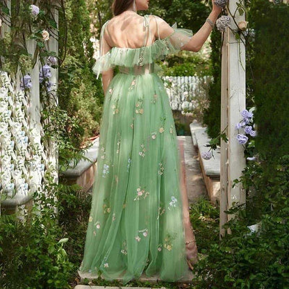 Tulle Flower Embroidered Prom Dress V-Neck Short Sleeve Evening Dress with Slit