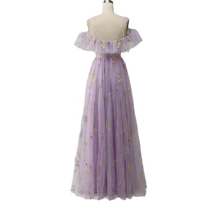 Tulle Flower Embroidered Prom Dress V-Neck Short Sleeve Evening Dress with Slit