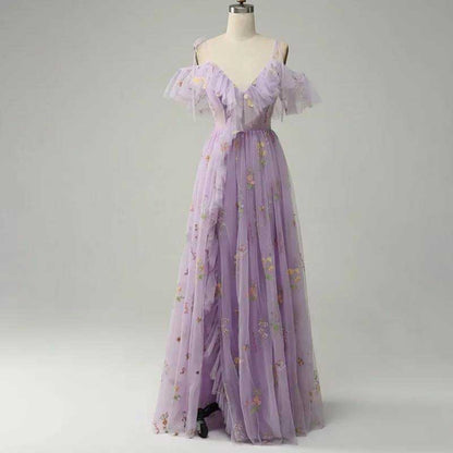 Tulle Flower Embroidered Prom Dress V-Neck Short Sleeve Evening Dress with Slit