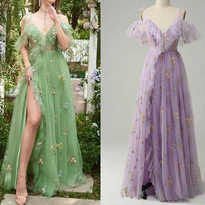 Tulle Flower Embroidered Prom Dress V-Neck Short Sleeve Evening Dress with Slit