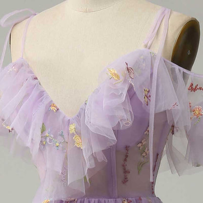 Tulle Flower Embroidered Prom Dress V-Neck Short Sleeve Evening Dress with Slit