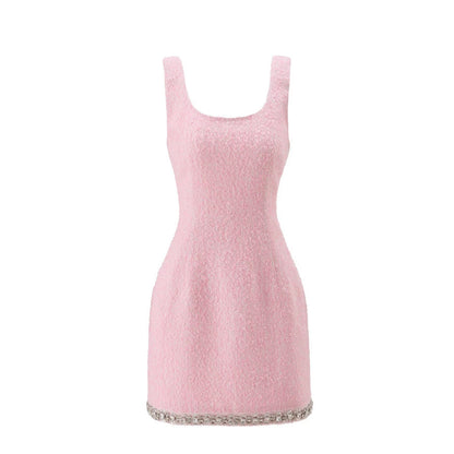 2 Piece Pink Tweed Set Women Elegant Long Sleeve Jacket with Sleeveless Dress Slim Fit Suit