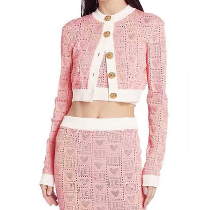 Two-Tone Knit Crop Top + Mini Skirt Suit With Cardigan Jacket 3 Pieces Set