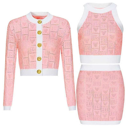 Two-Tone Knit Crop Top + Mini Skirt Suit With Cardigan Jacket 3 Pieces Set