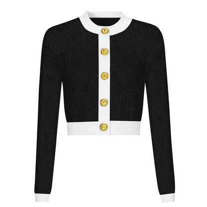 Two-Tone Knit Crop Top + Mini Skirt Suit With Cardigan Jacket 3 Pieces Set