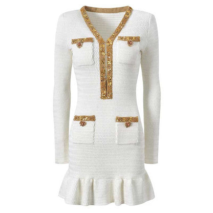 V-Neck Long Sleeves Mini Knitted Dress Beaded Buttons Body-Con Dress
