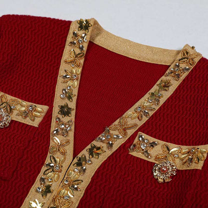 V-Neck Long Sleeves Mini Knitted Dress Beaded Buttons Body-Con Dress