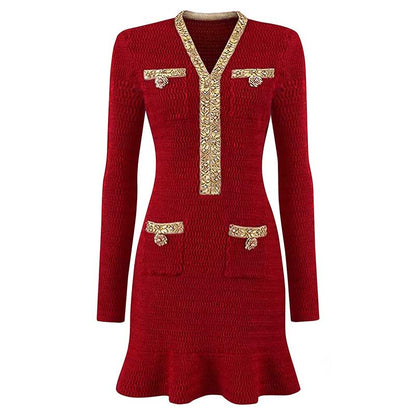 V-Neck Long Sleeves Mini Knitted Dress Beaded Buttons Body-Con Dress