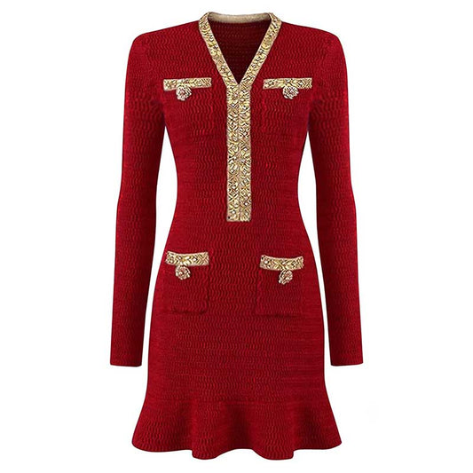 V-Neck Long Sleeves Mini Knitted Dress Beaded Buttons Body-Con Dress