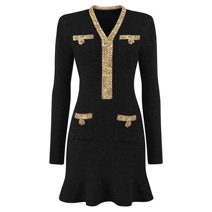 V-Neck Long Sleeves Mini Knitted Dress Beaded Buttons Body-Con Dress