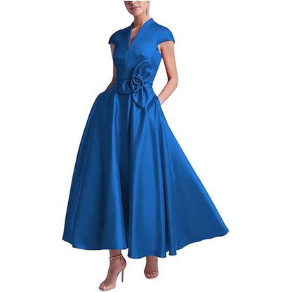 V-Neck Midi Dress with 3D Flower Detail | Satin Cocktail Party & Evening Gown