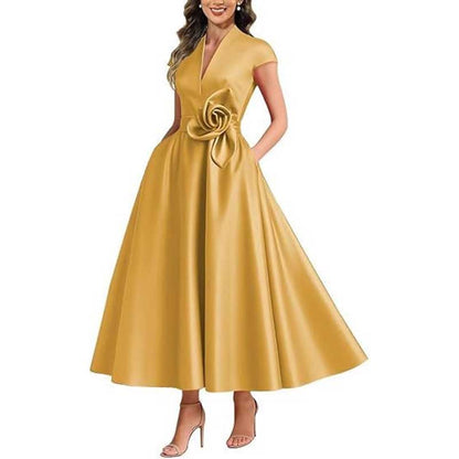 V-Neck Midi Dress with 3D Flower Detail | Satin Cocktail Party & Evening Gown