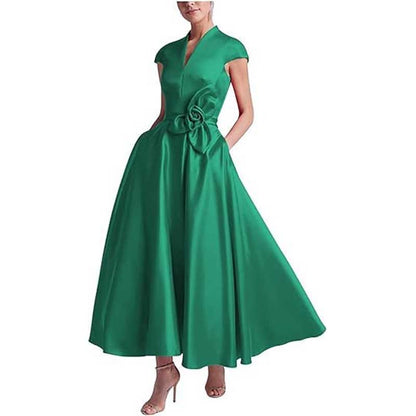 V-Neck Midi Dress with 3D Flower Detail | Satin Cocktail Party & Evening Gown