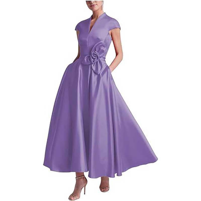 V-Neck Midi Dress with 3D Flower Detail | Satin Cocktail Party & Evening Gown