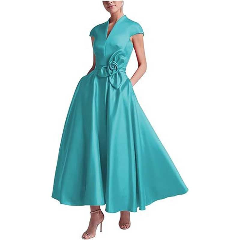 V-Neck Midi Dress with 3D Flower Detail | Satin Cocktail Party & Evening Gown