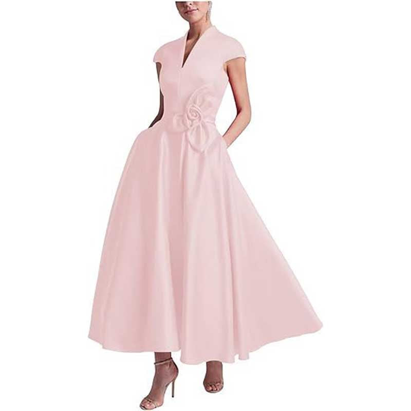 V-Neck Midi Dress with 3D Flower Detail | Satin Cocktail Party & Evening Gown