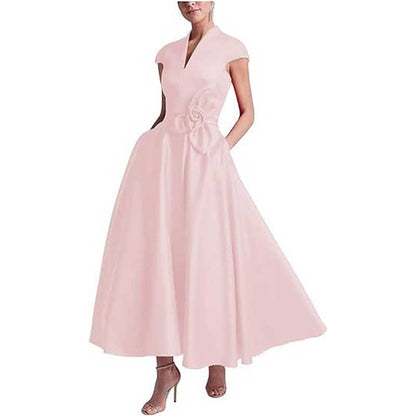 V-Neck Midi Dress with 3D Flower Detail | Satin Cocktail Party & Evening Gown