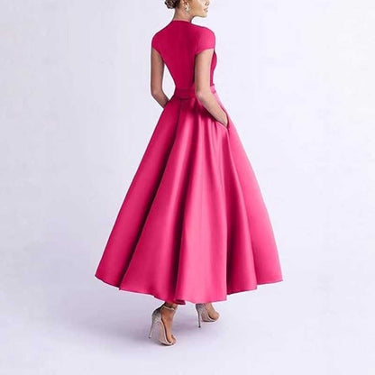 V-Neck Midi Dress with 3D Flower Detail | Satin Cocktail Party & Evening Gown