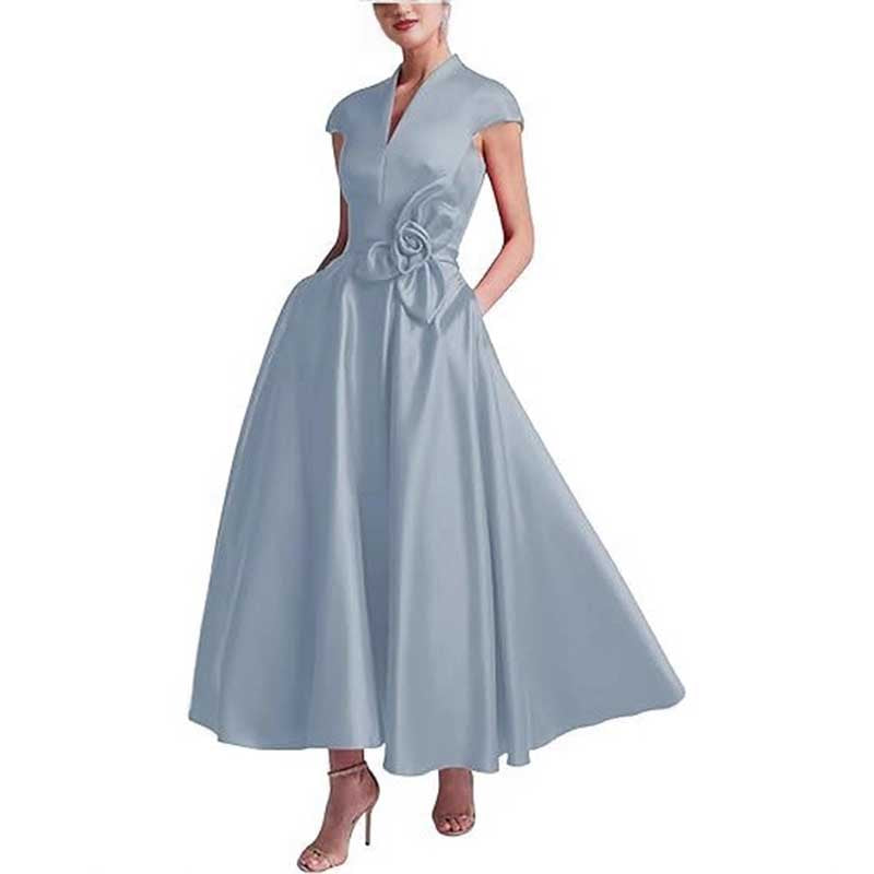 V-Neck Midi Dress with 3D Flower Detail | Satin Cocktail Party & Evening Gown