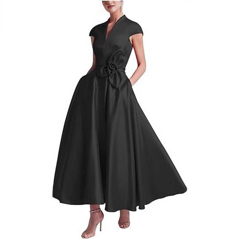 V-Neck Midi Dress with 3D Flower Detail | Satin Cocktail Party & Evening Gown