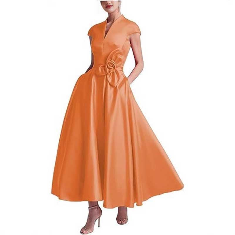 V-Neck Midi Dress with 3D Flower Detail | Satin Cocktail Party & Evening Gown