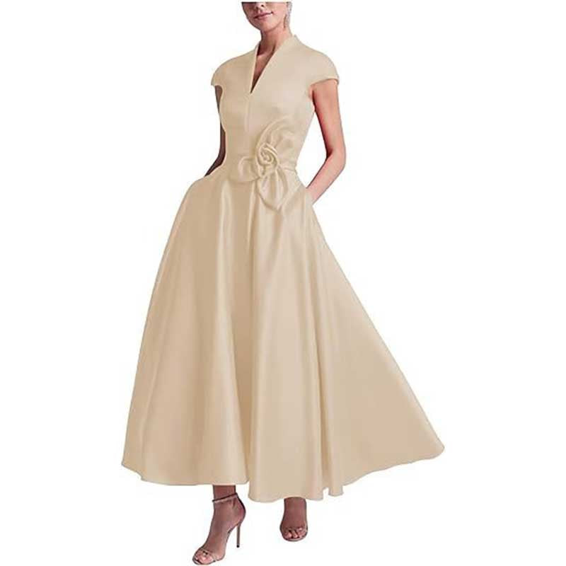 V-Neck Midi Dress with 3D Flower Detail | Satin Cocktail Party & Evening Gown