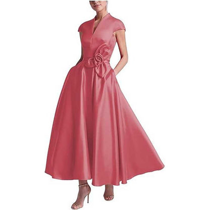 V-Neck Midi Dress with 3D Flower Detail | Satin Cocktail Party & Evening Gown