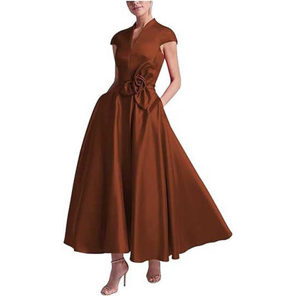 V-Neck Midi Dress with 3D Flower Detail | Satin Cocktail Party & Evening Gown