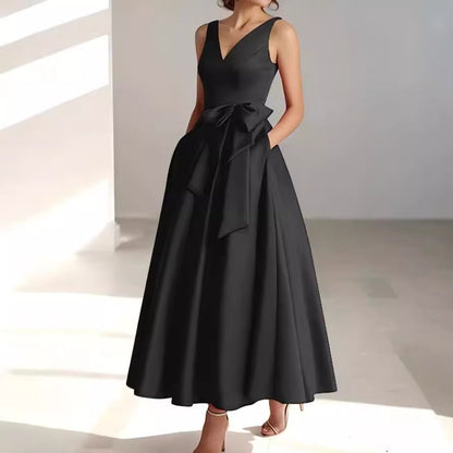 V-Neck Satin Midi Dress – Bow Tie Waist, Flowy Skirt, Bridesmaid Dress