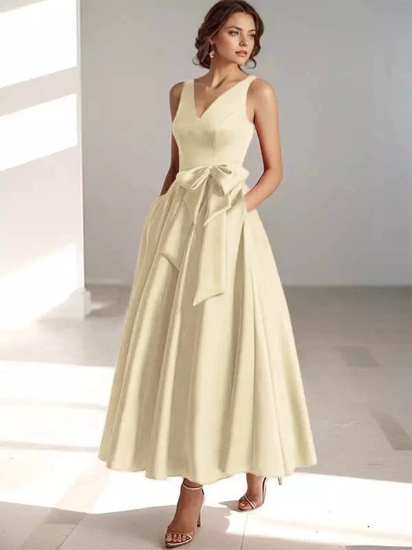 V-Neck Satin Midi Dress – Bow Tie Waist, Flowy Skirt, Bridesmaid Dress