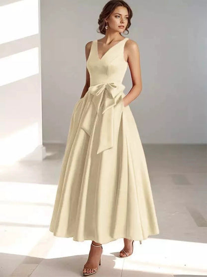 V-Neck Satin Midi Dress – Bow Tie Waist, Flowy Skirt, Bridesmaid Dress