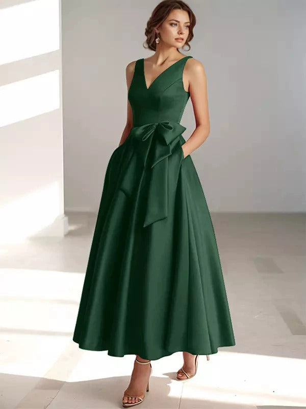 V-Neck Satin Midi Dress – Bow Tie Waist, Flowy Skirt, Bridesmaid Dress