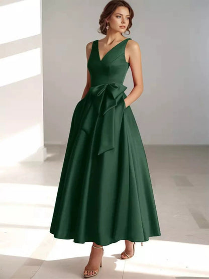 V-Neck Satin Midi Dress – Bow Tie Waist, Flowy Skirt, Bridesmaid Dress