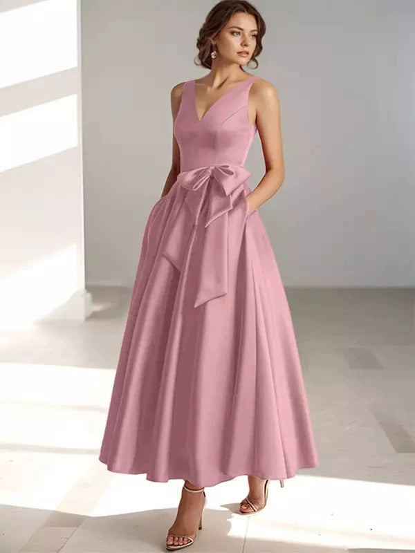 V-Neck Satin Midi Dress – Bow Tie Waist, Flowy Skirt, Bridesmaid Dress