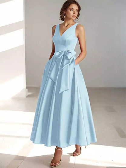 V-Neck Satin Midi Dress – Bow Tie Waist, Flowy Skirt, Bridesmaid Dress