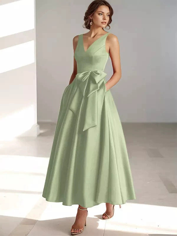 V-Neck Satin Midi Dress – Bow Tie Waist, Flowy Skirt, Bridesmaid Dress