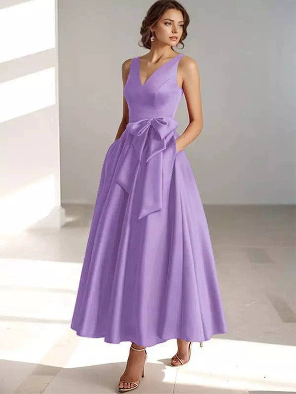 V-Neck Satin Midi Dress – Bow Tie Waist, Flowy Skirt, Bridesmaid Dress