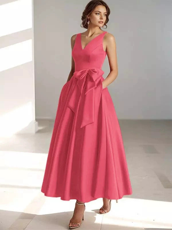 V-Neck Satin Midi Dress – Bow Tie Waist, Flowy Skirt, Bridesmaid Dress