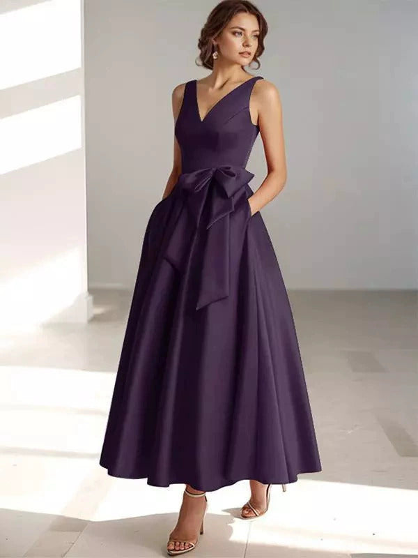 V-Neck Satin Midi Dress – Bow Tie Waist, Flowy Skirt, Bridesmaid Dress