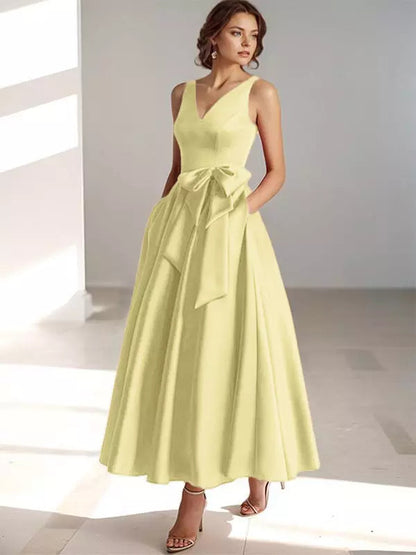 V-Neck Satin Midi Dress – Bow Tie Waist, Flowy Skirt, Bridesmaid Dress