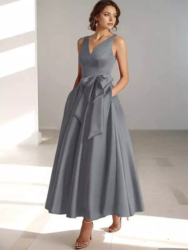 V-Neck Satin Midi Dress – Bow Tie Waist, Flowy Skirt, Bridesmaid Dress