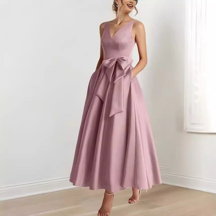 V-Neck Satin Midi Dress – Bow Tie Waist, Flowy Skirt, Bridesmaid Dress