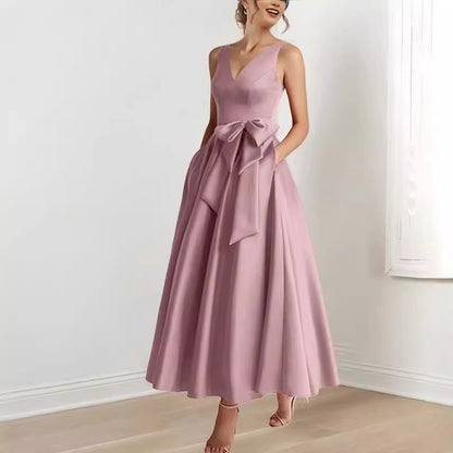 V-Neck Satin Midi Dress – Bow Tie Waist, Flowy Skirt, Bridesmaid Dress