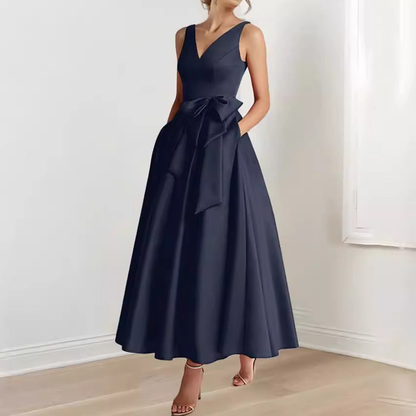 V-Neck Satin Midi Dress – Bow Tie Waist, Flowy Skirt, Bridesmaid Dress