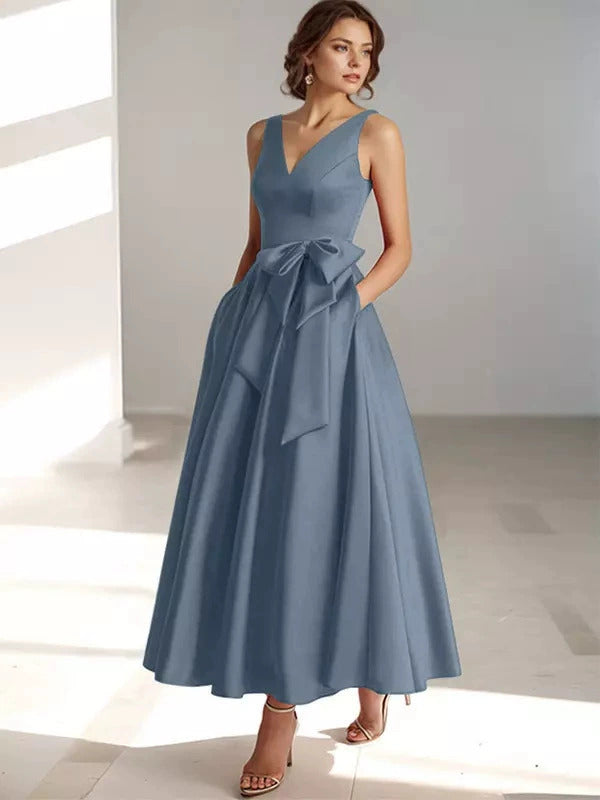 V-Neck Satin Midi Dress – Bow Tie Waist, Flowy Skirt, Bridesmaid Dress