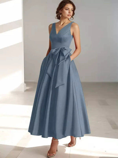 V-Neck Satin Midi Dress – Bow Tie Waist, Flowy Skirt, Bridesmaid Dress