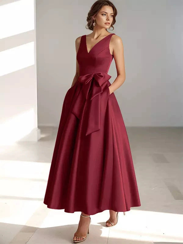 V-Neck Satin Midi Dress – Bow Tie Waist, Flowy Skirt, Bridesmaid Dress