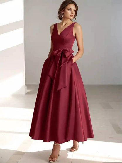 V-Neck Satin Midi Dress – Bow Tie Waist, Flowy Skirt, Bridesmaid Dress