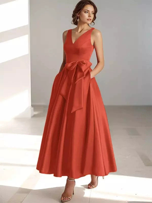 V-Neck Satin Midi Dress – Bow Tie Waist, Flowy Skirt, Bridesmaid Dress