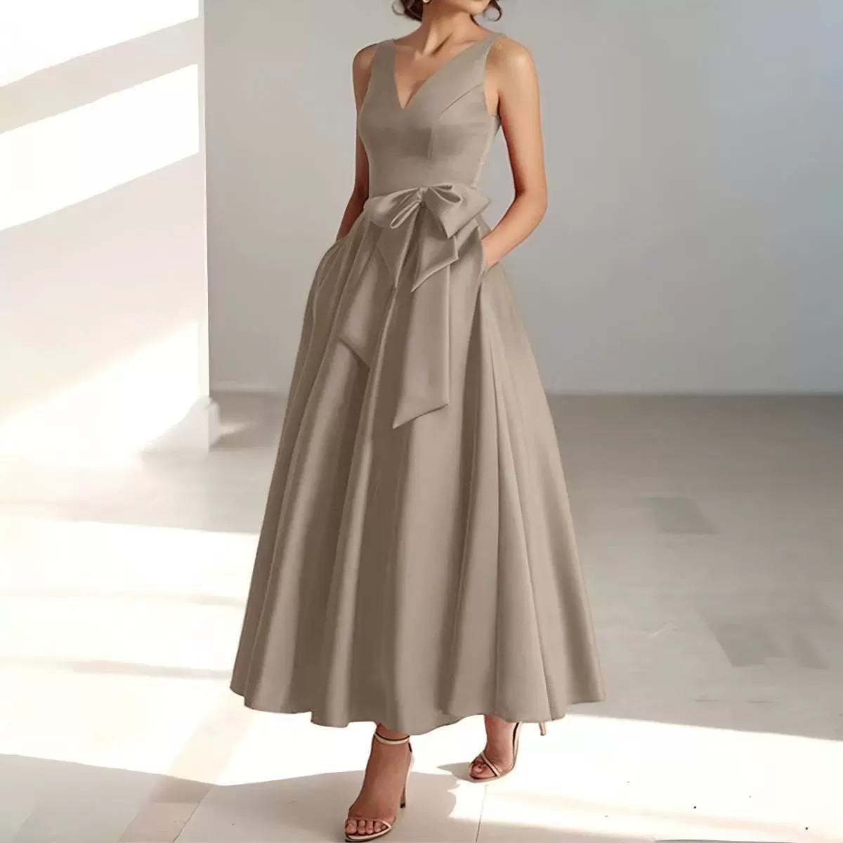 V-Neck Satin Midi Dress – Bow Tie Waist, Flowy Skirt, Bridesmaid Dress
